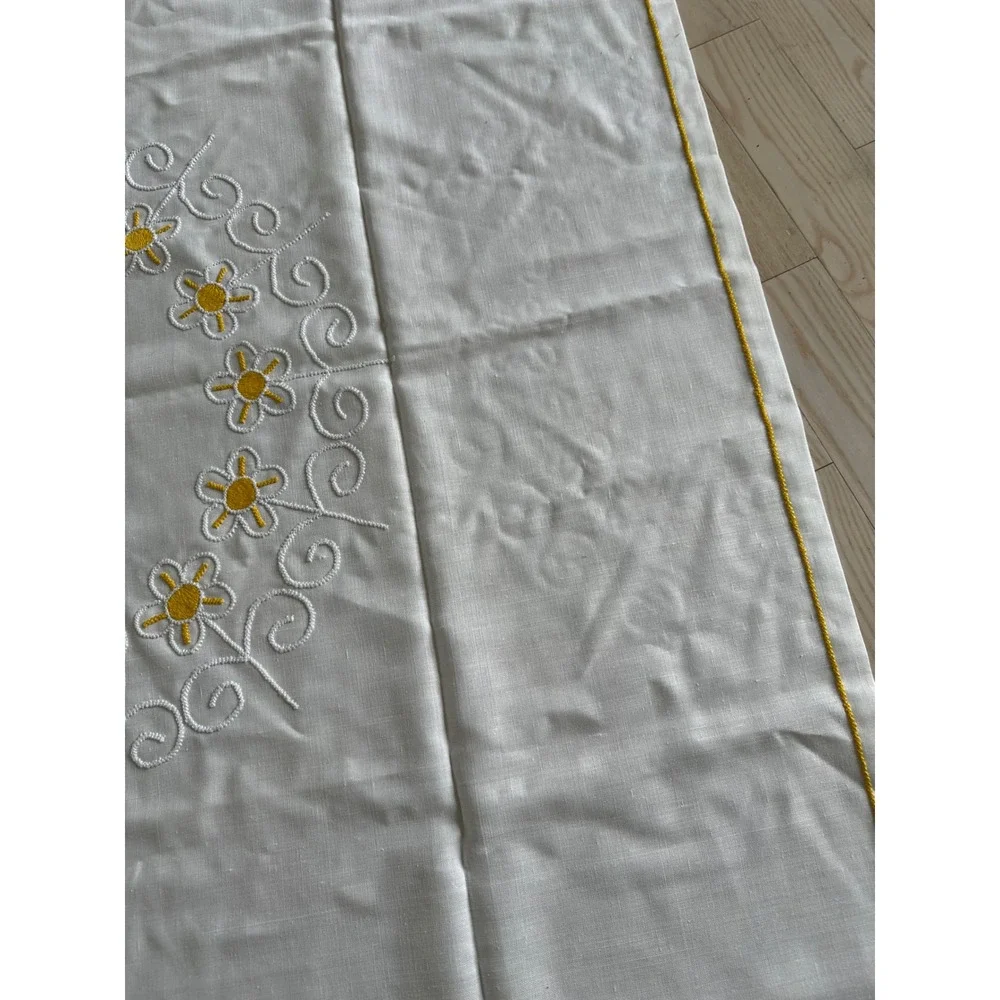 Vintage White Linen Tablecloth Yellow Daisy Hand Embroidered Floral Border